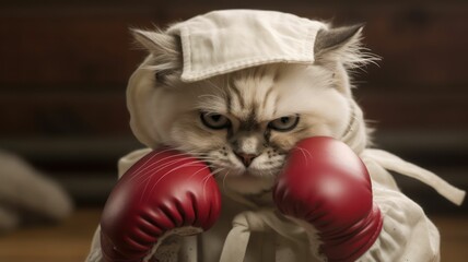 kitten granny wearing boxing gloves. Generative AI