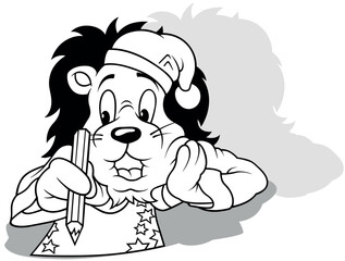 Drawing of a Lying Lion in a Santa Claus Costume Writing a Letter