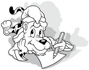 Drawing of a Lying Leopard in a Santa Claus Costume Writing a Christmas Letter