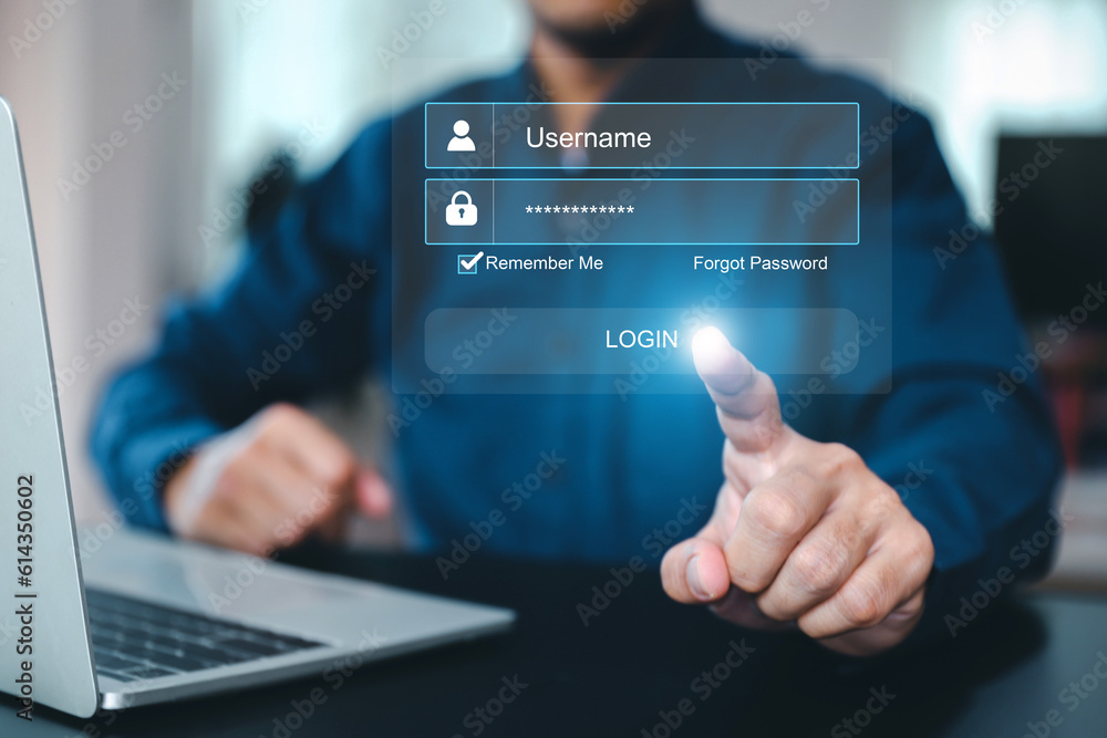 Poster businessman use laptop login register username and password identity on webpage concepts of cyber se