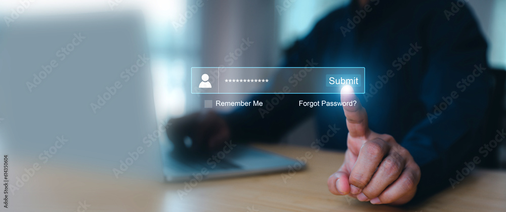 Poster businessman use laptop login register username and password identity on webpage concepts of cyber se