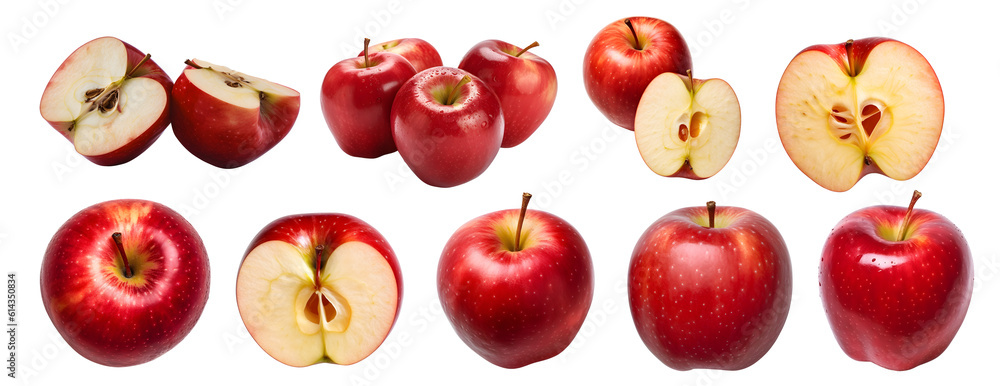 Wall mural red apple apples, many angles and view side top sliced halved cut isolated on transparent background - Wall murals