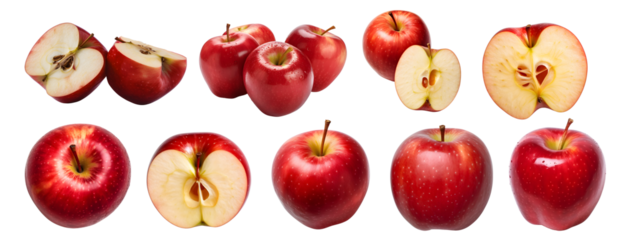 Red apple apples, many angles and view side top sliced halved cut isolated on transparent background cutout, PNG file