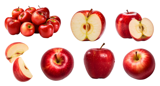 Red apple apples, many angles and view side top sliced halved cut isolated on transparent background cutout, PNG file