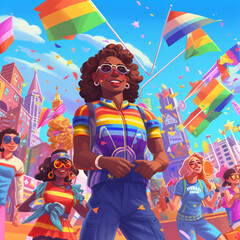 digital illustration depicting a vibrant and inclusive LGBTQ+ pride parade, featuring a mix of symbolic floats, flags, and colorful costumes, with a focus on celebration and unity, Generative AI