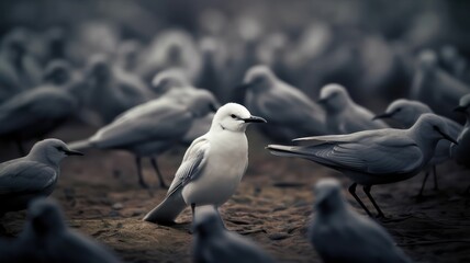 Fototapeta premium Standing out from the crowd , white bird standing between man gray birds, Generative AI.