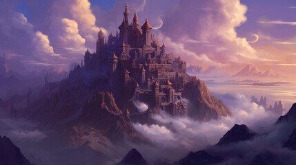 Fototapeta premium A big fantasy castle in the mountain, a hill and a sunset in the background, inspire the idea of a large fort among mountains. Generative AI