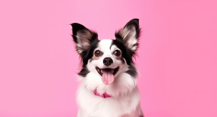 Portrait of dog breed continental toy spaniel looking forward on pink background. Generative AI