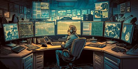 Image of a powerful and successful trader Multiple monitors displaying real-time financial data Huge amounts of money being processed on the trading table - obrazy, fototapety, plakaty