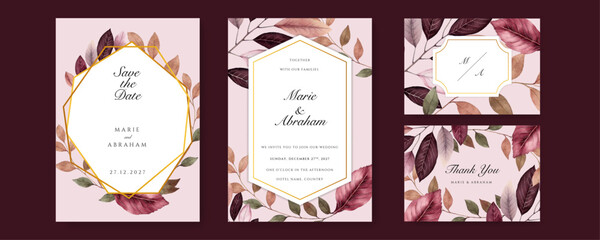 Red leaf floral flower beautiful hand drawn wedding invitation card watercolor