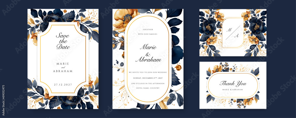 Canvas Prints blue gold leaf floral flower beautiful and elegant floral wedding invitation card template - Canvas Prints
