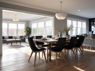 Fototapeta premium Wide-angle view of a dining room with hardwood floors, a dining table that matches the room and natural light that shines through windows.
