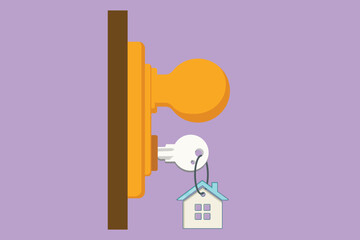 Cartoon flat style drawing key in keyhole on door. Real estate for sales, rental, advertising. Mortgage, credit or property. Rent of apartment. Sign on the home key. Graphic design vector illustration