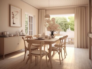 Dining room in beige tones with white tables, wooden chairs, and a flower vase, natural light shines through a window. Generative AI