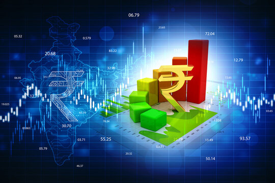 Growth of Indian stock market, Stock market graph. Abstract finance background, India Finance Background, Indian Rupee with graph on blue finance background. 3d render