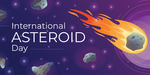 International World June holiday Asteroid Day. Vector cartoon space banner with meteorites and stars.