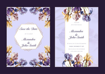 Purple hibiscus floral flower beautiful and elegant floral wedding invitation card template