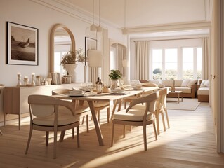Fototapeta na wymiar Dining room in beige tones with white tables, wooden chairs, and a flower vase, natural light shines through a window. Generative AI