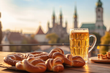 Beer and salted pretzels on wooden background created with generative ai tools - obrazy, fototapety, plakaty