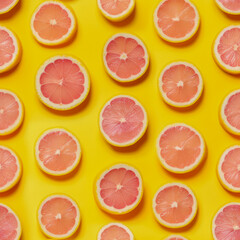 A vibrant seamless background featuring slices of pink citrus fruit on a sunny yellow backdrop, invoking the fresh and juicy flavors of summer.