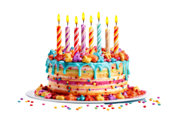 colorful birthday cake with candles. isolated on white background PNG