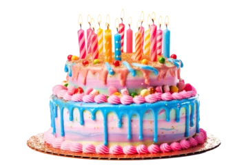 Fotobehang colorful birthday cake with candles. isolated on white background PNG © JetHuynh