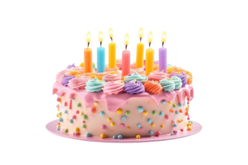 colorful birthday cake with candles. isolated on white background PNG
