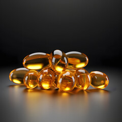 Omega-3 fish oil capsules on a dark surface