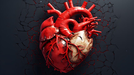 Detailed human heart model against a dark, cracked background
