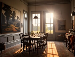 Wide angle view of the dining room table. The wooden floor is covered with carpet, and the room is lit by the sunlight that shines through the windows. Generative AI