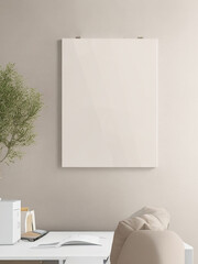 Minimal living room interior design with empty frame. Created with  AI technology.
