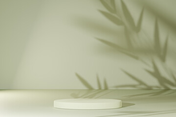 product placement on green wall with natural shadow leaves background. bamboo shadow on green wall and marble podium for product placement. 3d illustration
