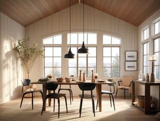 Fototapeta premium Dining room with wooden table and black chairs, decorated with green trees, natural light shines through windows. Generative AI