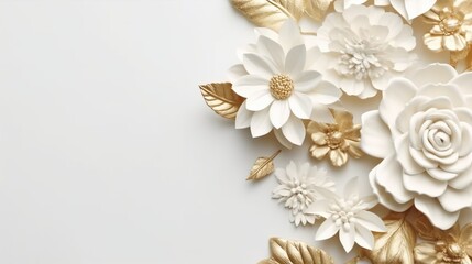 Abstract background with elegant border with white and gold flowers and leaves in paper art style. Romantic celebration bouquet in top view. Horizontal illustration for banner design. Generative AI.