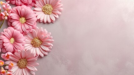 Abstract background with elegant pink flowers bouquet with gold details of border in top view. Gentle dahlias or chrysanthemum romantic frame. Horizontal illustration for banner design. Generative AI.