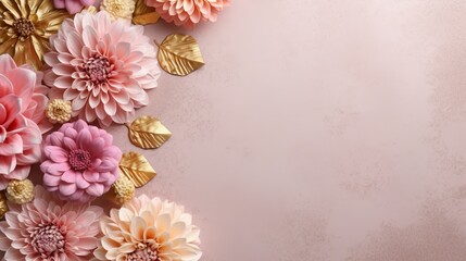Abstract background with flat lay border with dahlias and golden leaves. Beautiful celebration frame with chrysanthemum and other blossoms. Horizontal illustration for banner design. Generative AI.