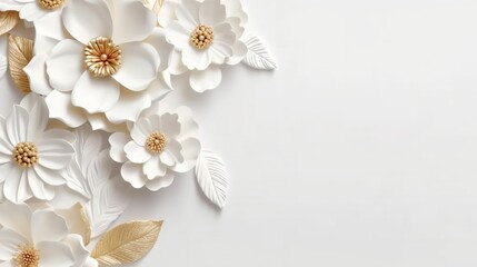 Abstract background with paper art flat lay border with white flowers and golden leaves. Beautiful celebration frame with wedding blossoms. Horizontal illustration for banner design. Generative AI.