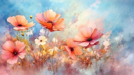 Abstract background with gentle poppy flowers with watercolor splashing blots on blue backdrop. Summer meadow wallpaper with paints texture. Horizontal illustration for banner design. Generative AI.
