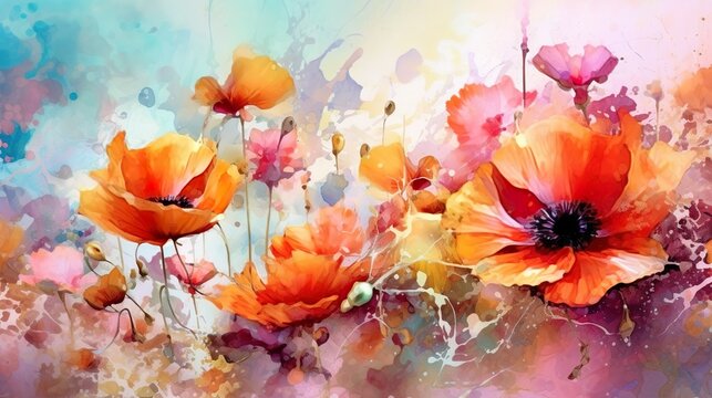 Abstract background with blooming flowers of poppy and buds with watercolor paints splash. Summer wallpaper with bouquet and drawing texture. Horizontal illustration for banner design. Generative AI.