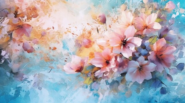 Abstract background with soft pink flowers bouquet with watercolor paints splashing and wet blots. Spring botanical wallpaper with blooms. Horizontal illustration for banner design. Generative AI.