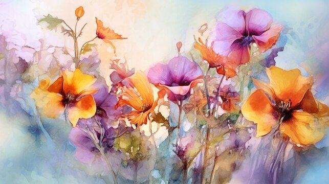 Abstract background with summer bouquet with orange and purple flowers with watercolor blots. Floral wallpaper with aquarelle paints texture. Horizontal illustration for banner design. Generative AI.