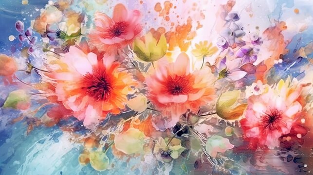 Abstract background with summer bouquet with colorful flowers and wildflowers with watercolor blots. Floral wallpaper with paints texture. Horizontal illustration for banner design. Generative AI.