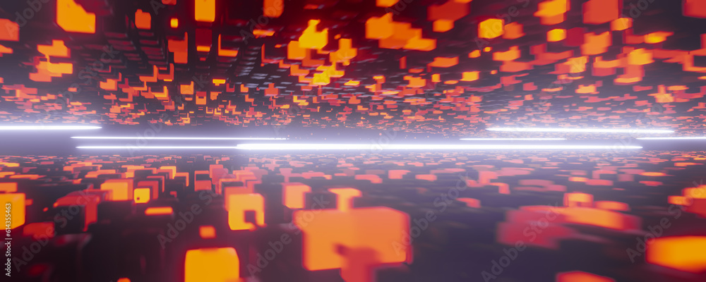 Poster orange geometric background of 3d cubes. abstract geometric pattern. wide web banner. high tech back