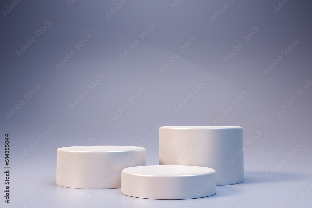 Poster product placement. abstract minimal scene with three cylindrical podium. stage for product demonstra
