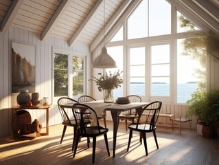 Obraz premium A dining room with a wooden table and black chairs, natural light shines through windows around the room. Generative AI