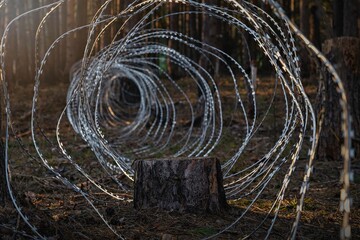 .Border wire fence trough pine forest. protecting the state's border from illegal migration and russian invasion. defending and regaining occupied territory . - 614356026