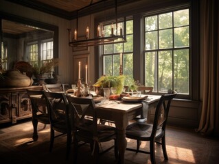 Obraz premium Wide angle view of the dining room table. The wooden floor is covered with carpet, and the room is lit by the sunlight that shines through the windows. Generative AI