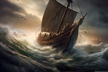 Viking long boat sailing rough seas.