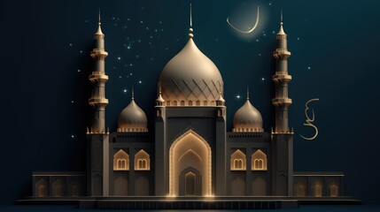 Islamic decoration background with cannon crescent mosque arabic lantern cartoon style, ramadan kareem, mawlid, iftar, isra miraj, eid al fitr adha, muharram, copy space text