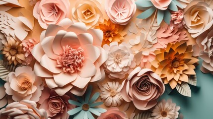 colorful paper flowers wallpaper, spring summer background, floral bouquet isolated on white, vibrant colors, mint pink orange yellow